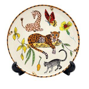 Lynn Chase Jungle Jubilee Salad Dessert Plate Ceramic Handpainted Leopard Parrot